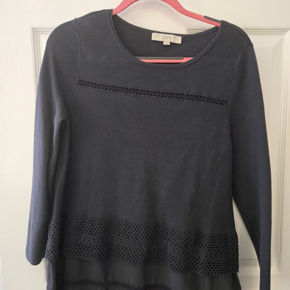 LOFT Women's Navy Top with Lace Detail